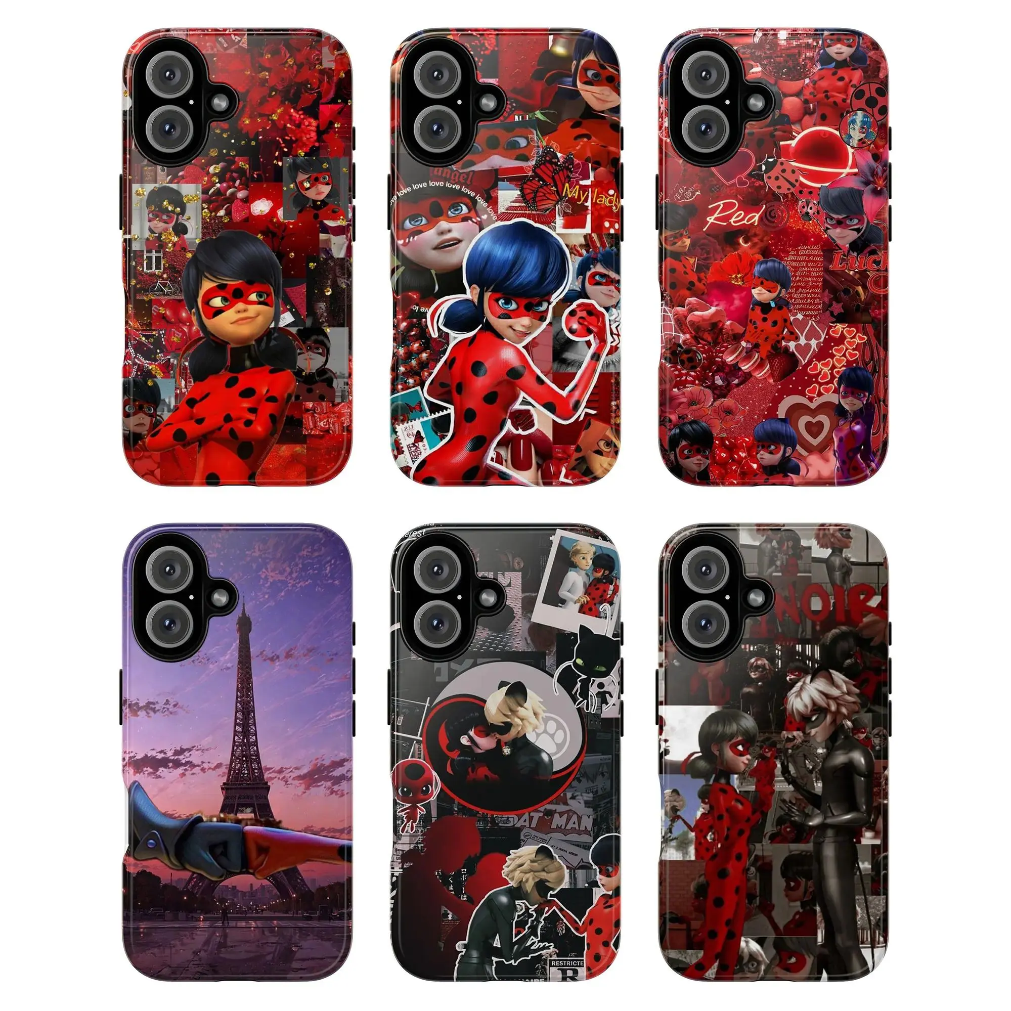 Miraculous Ladybug & Cat Noir TPU Phone Case - Shock-Absorbing, Cartoon Collage, Red Black, Paris Eiffel Tower, Hearts, Love Yo-Yo Weapon, Retro Artistic Style, Fit for iPhone 17-11 Pro Max/Plus, Samsung Galaxy S23-25, Anime