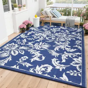 Waterproof Reversible Outdoor Rug for Patio - Collapsible Plastic Straw Mat - Modern Large Area Carpet for Camping, RV, Porch, Deck, Backyard, Picnic, Beach - Navy Blue/White, 8x10ft
