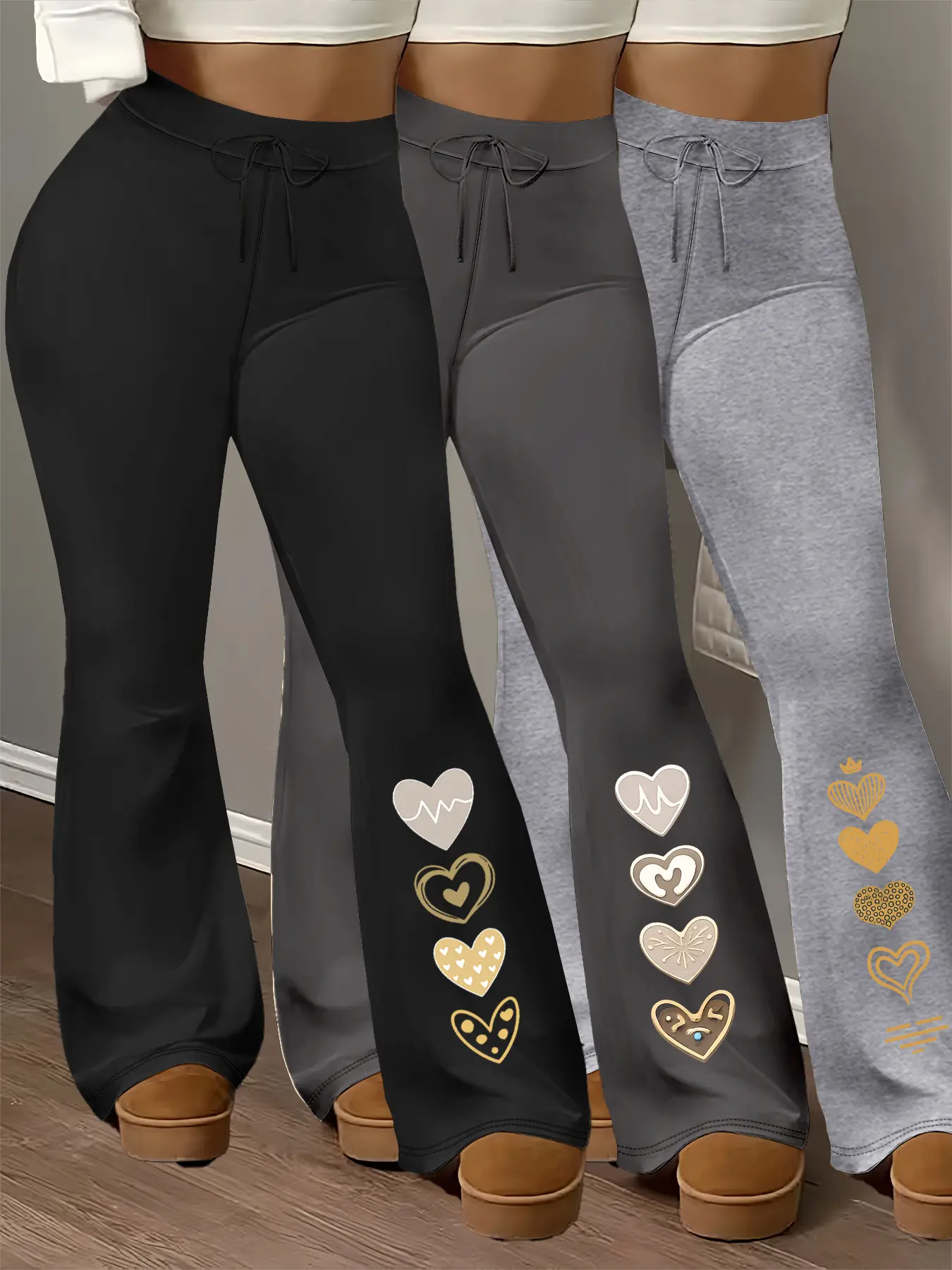 3-pack vertical crown heart/striped heart EKG heart fashionable plus size women's pants; fashionable flared pants suitable for all seasons Casual Flare Leg