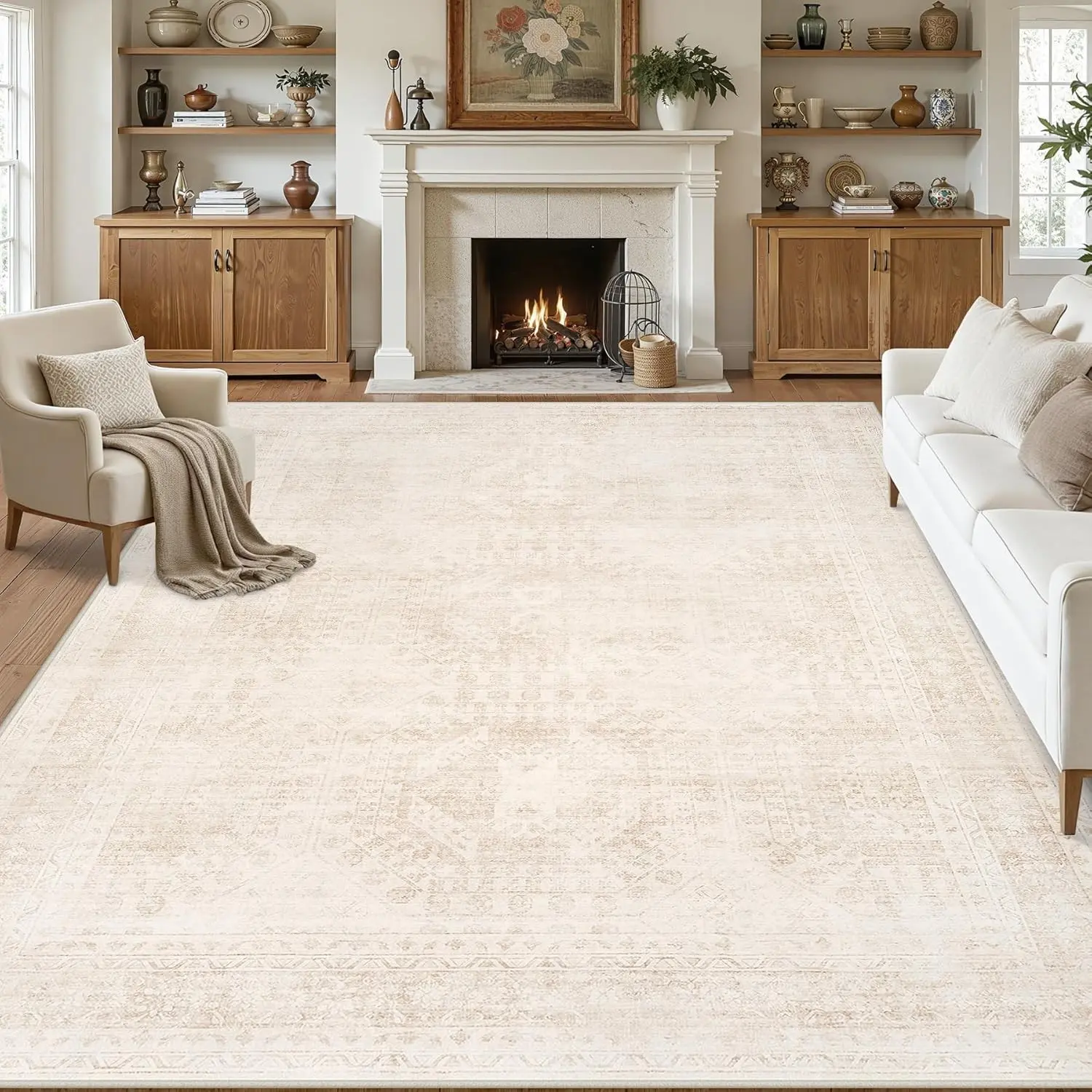 8x10 Area Rugs Living Room: Bedroom Neutral Washable Carpet Beige Large Vintage Boho Indoor Decor Carpets Soft Nursery Farmhouse Dining Room Office Floor Non-Slip Low Pile Under Table Rug