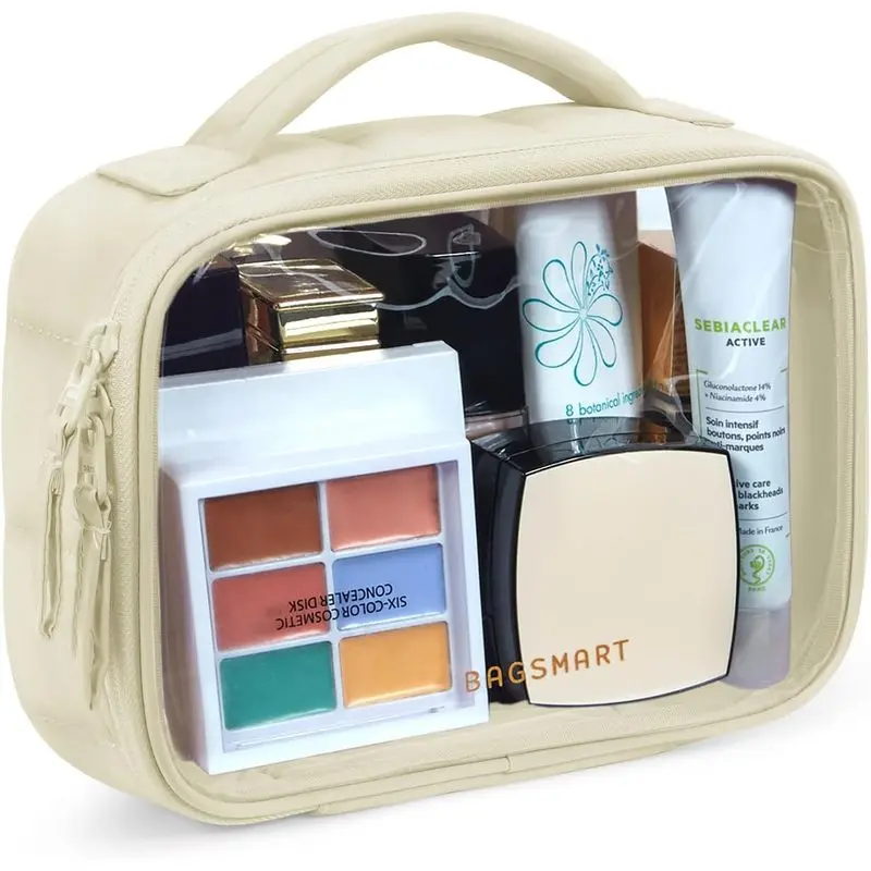 Puffy Clear Toiletry Bag, TSA-Approved & Wide-Open, 1-Pack, Beige |   Travel Makeup Bag with Handle, Cosmetic Bag with Double Zipper for Women