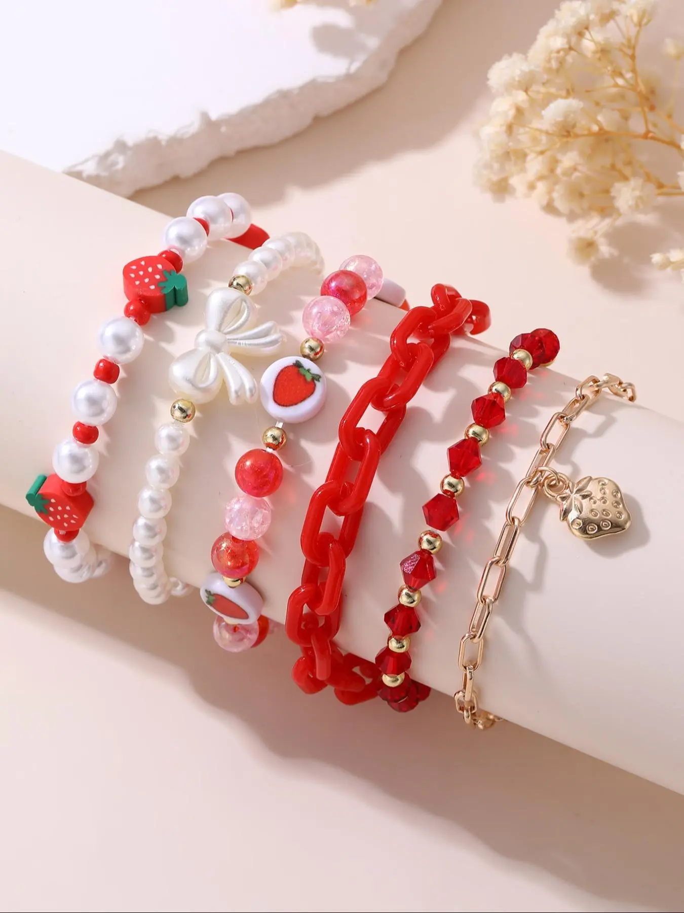 Cute Strawberry & Heart Design Beaded Bracelet Sets, Fashionable Jewelry for Girls, Daily Clothing Decor, Trendy All-match & Exquisite Jewelry for Birthday Gift