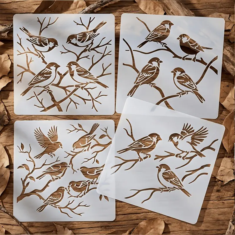4-Piece Bird Cutout Templates, Reusable Plastic, Ideal for Crafts, Wall Decor, Fabric, Scrapbooking, Cream Color, Home Canvas Decoration