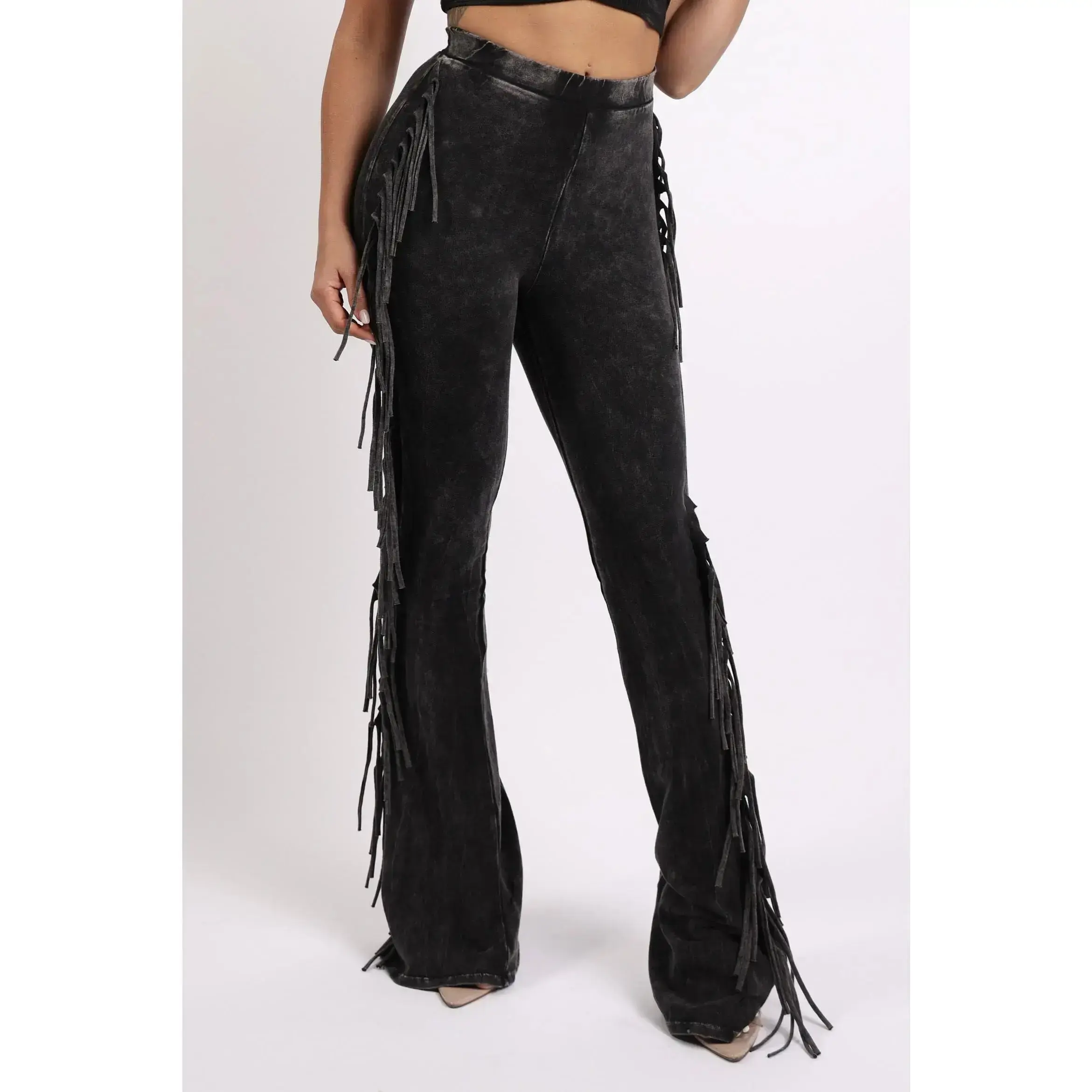 Women’s Fringe-Detailed Mineral Washed Pants – Comfortable cotton and elastic design with a flared side-detail fit