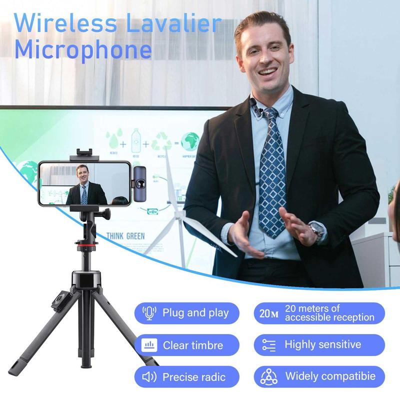 Wireless Lavalier Microphone, Rechargeable Lapel Mic, Professional Wireless Microphones for iPhone/Type-C Phones, Omnidirectional Condenser Recording Microphone for Video Recording, Clip on Mic, Cordless Omnidirectional Mic
