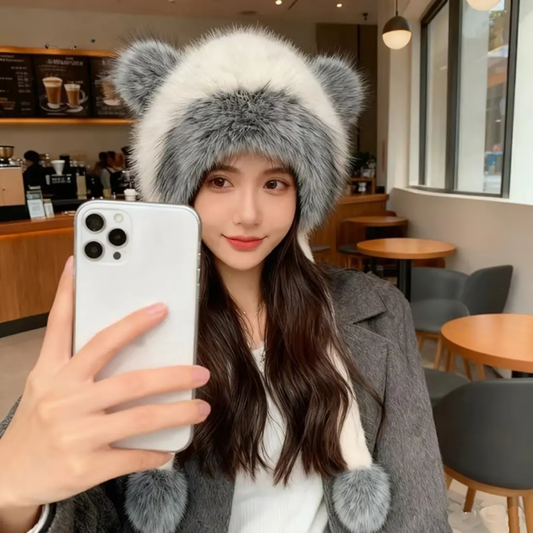 Women’s Faux Fur Panda Animal Cap - Beanie Hat with Ear Flaps, Built-In Muffs, Thick Cozy Soft Fuzzy Female Cold Weather Outdoor Sports Accessory for Snow Days, Holiday Gifts
