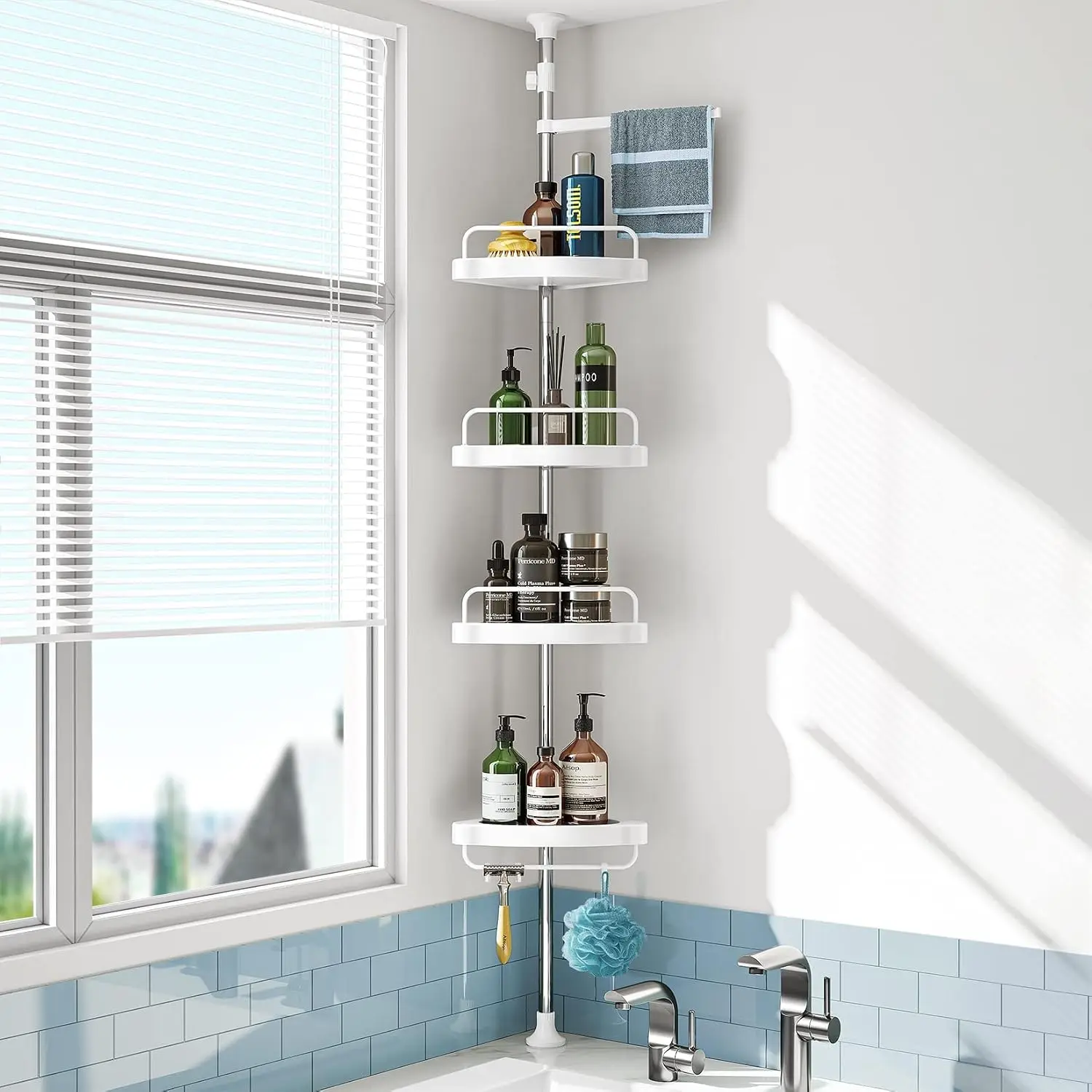 Modern Corner Shower Tension Pole, Adjustable Stainless Steel Bathroom Organizer with 4-Tier Shelves, Rust-Proof Rod Floor-Standing Storage Holder for Bathtub Shampoo