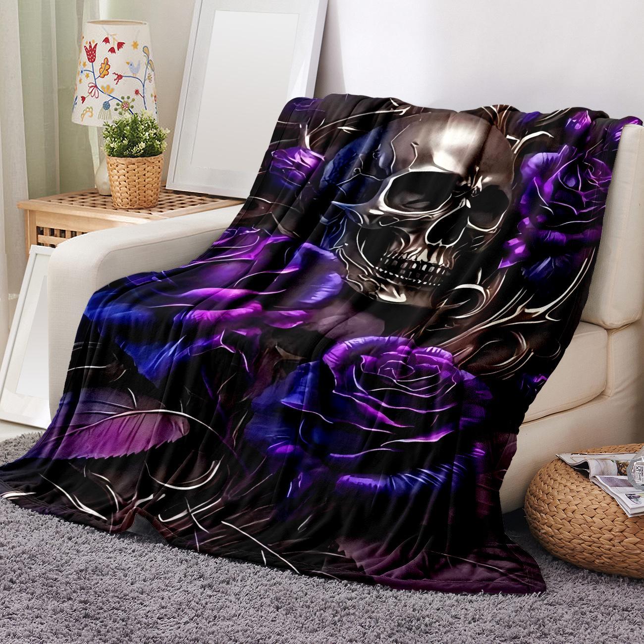 Gothic Skull Print Flannel Blanket, Casual Soft Throw Blanket with Storage Bag, Cozy Throw Blanket, Warm Napping Blanket for Home Office School Travel