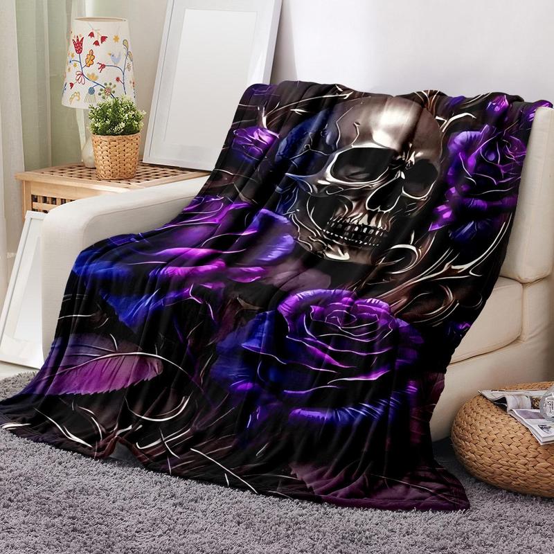 Gothic Skull Print Flannel Blanket, Casual Soft Throw Blanket with Storage Bag, Cozy Throw Blanket, Warm Napping Blanket for Home Office School Travel
