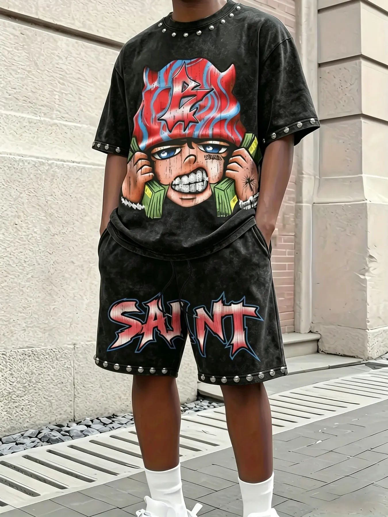 American Vintage Rivet Cartoon Set Men, Distressed Washed Short Sleeve Tee and Pants, Street Fashion Casual Two-Piece