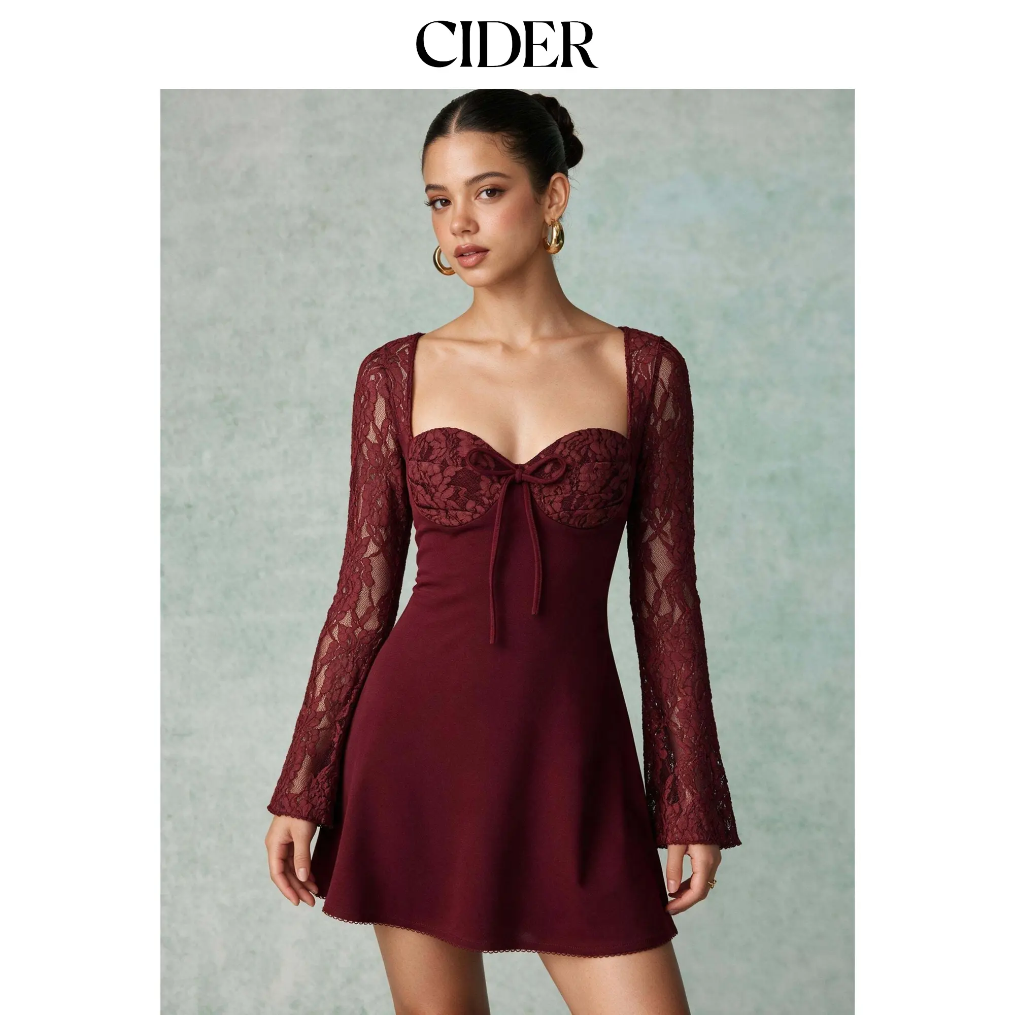 Cider Cotton-blend Lace Jacquard Square Neck Bell Sleeve Cut Out Lace Up A-line Mini Dress