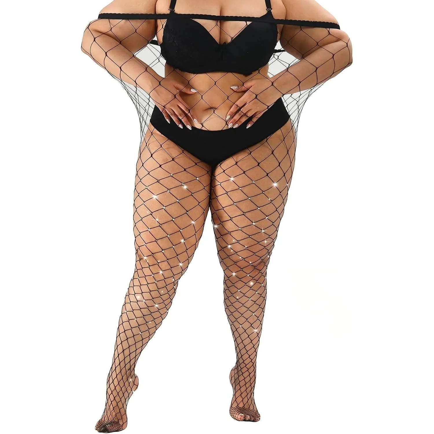 Plus Size Glitter Fishnet Tights Sparkly Big Mesh Pantyhose Leggings for Women(Gift)