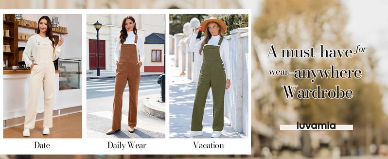 Luvamia Corduroy Overalls for Women Loose Fit Baggy Straight Casual Adjustable Straps Bib Jumpsuit with Pockets Basic Womenswear Soft Stretchy Fabric