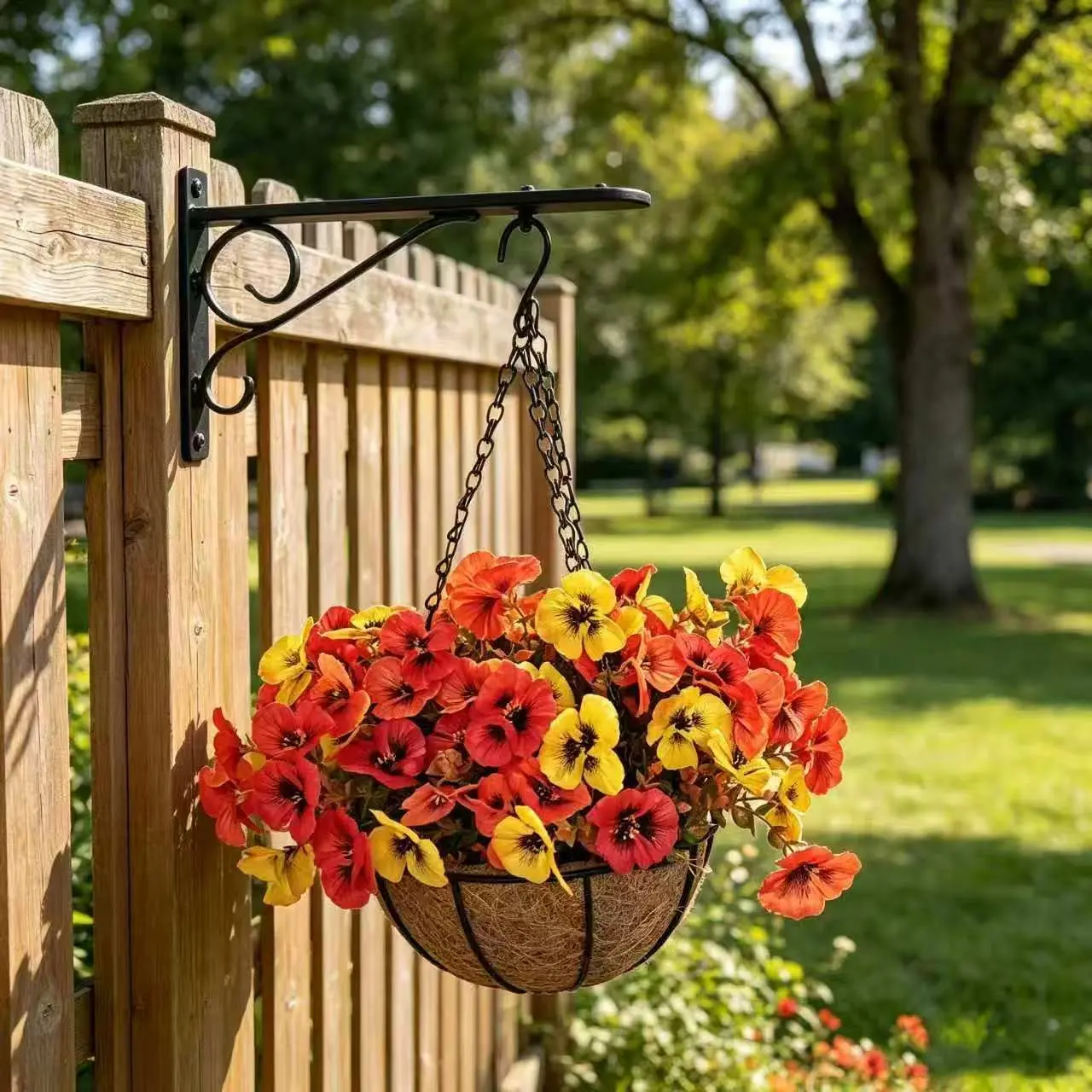 Two-Piece Artificial Pansy Hanging Basket, and Fake Flowers, Natural Look, Coconut Shell Lining, Pre-Loaded Floral Arrangement, Lively Decoration, Outdoor Decoration and Patio Decor, Coconut Shell Liner