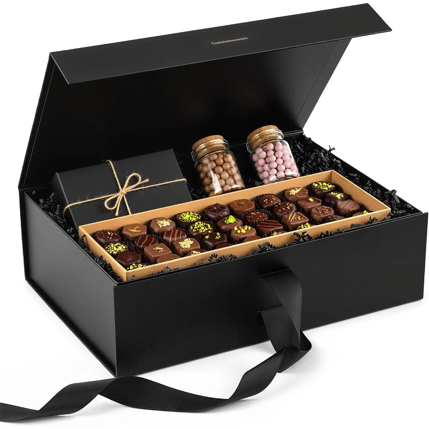 Black   Box, 10.5 X 7.5 X 3.1 inches | Collapsible cardboard box, lid and ribbon included, no extra wrapping paper or tape needed