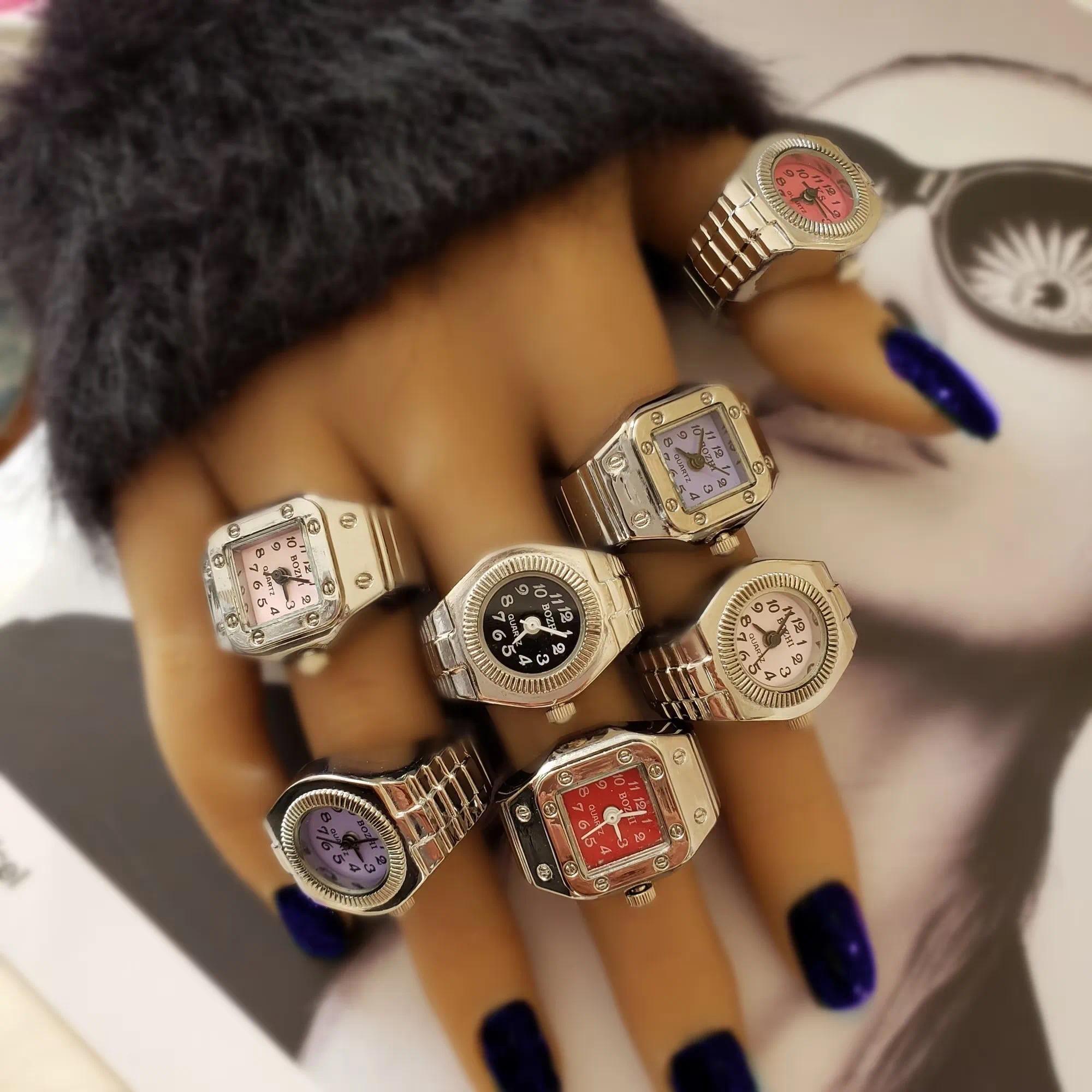 Vintage Punk Finger Watch Mini Elastic Strap Alloy Watches Couple Rings Jewelry Clock Retro Roman Quartz Watch Rings Women Men