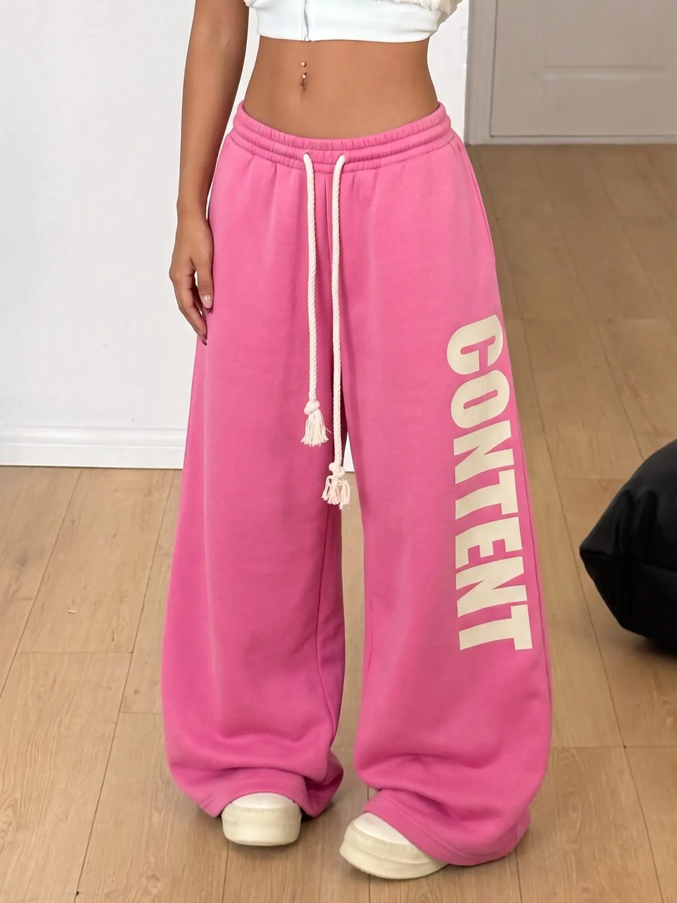 Women's Drawstring Elastic Waist Wide Leg Sweatpants, Bright Pink Side Letter Print Loose Baggy Casual Trousers, Y2K Streetwear Bottoms for Daily Going‑Out Hangout Vacation Shopping Leisure Loungewear Outfits, Trendy Versatile Women Relaxed‑Fit Pants 2026