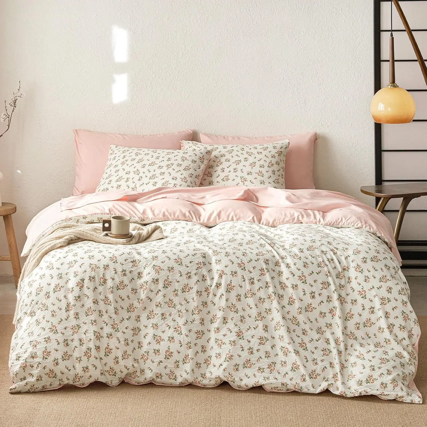 Floral Comforter Set with Sheets, Coquette Cottagecore Aesthetic Flower Shabby Chic Pattern for Women Teen Girls, 7 Pieces Bed in a Bag, Peach Blush, Queen Size