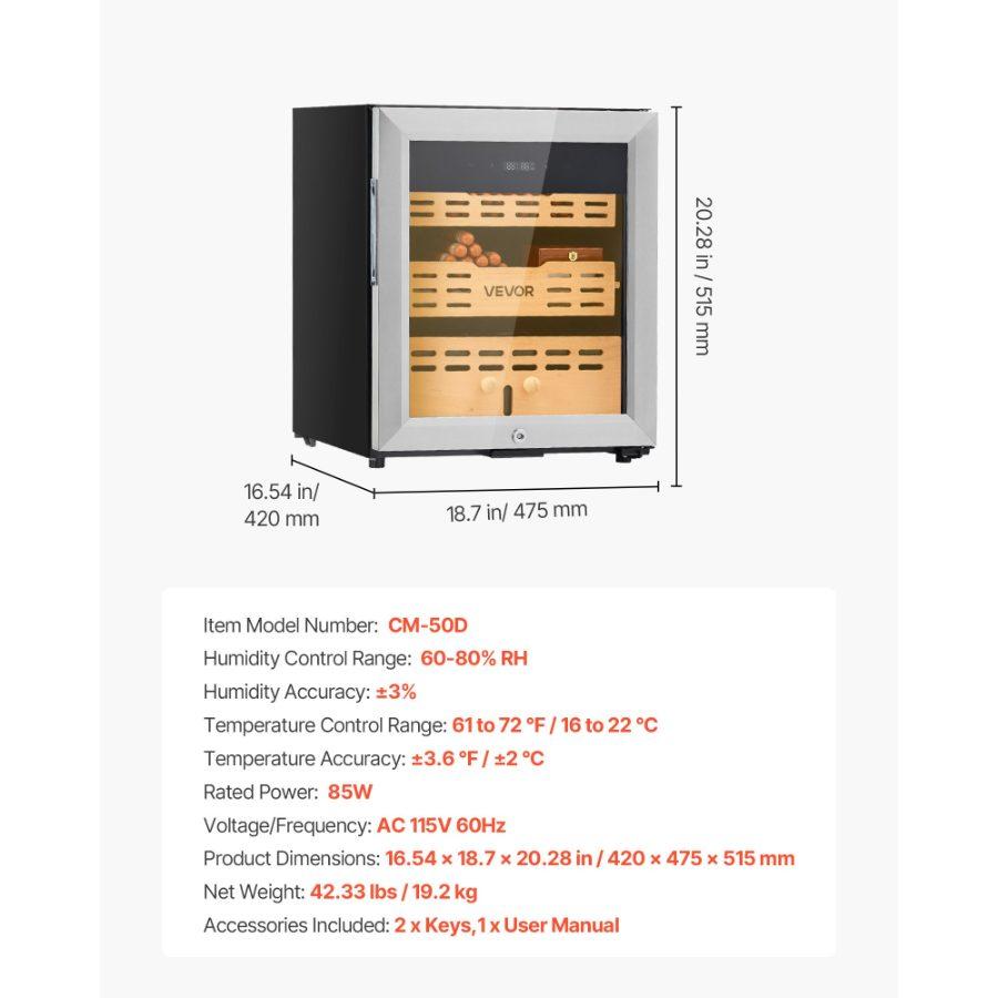 VEVOR Electric Humidor, 50L, 300 Counts Electric Cigar Humidor Cabinet with Compressor Cooling, Constant Humidity Temperature Control, Spanish Cedar Wood Shelves Drawers, 2 Layers, for Household