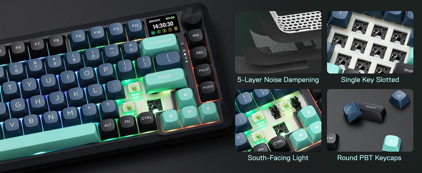 Redragon K724 PRO Wireless Gasket Gaming Keyboard w/Hype Screen & Knob, 81-Key Mechanical Keyboard, Easy-Control 1.14’’ TFT Info Display, 5-Layer Noise Dampening, Custom Linear Switch, Dark Jade Color