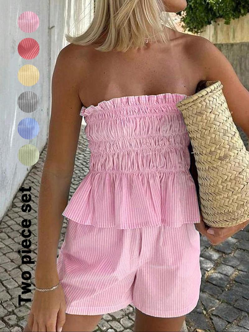 Two-piece Set Women's Striped Print Tube Top & Shorts Set, Casual Strapless Top & Shorts for Daily Wear, Ladies Clothes for Summer