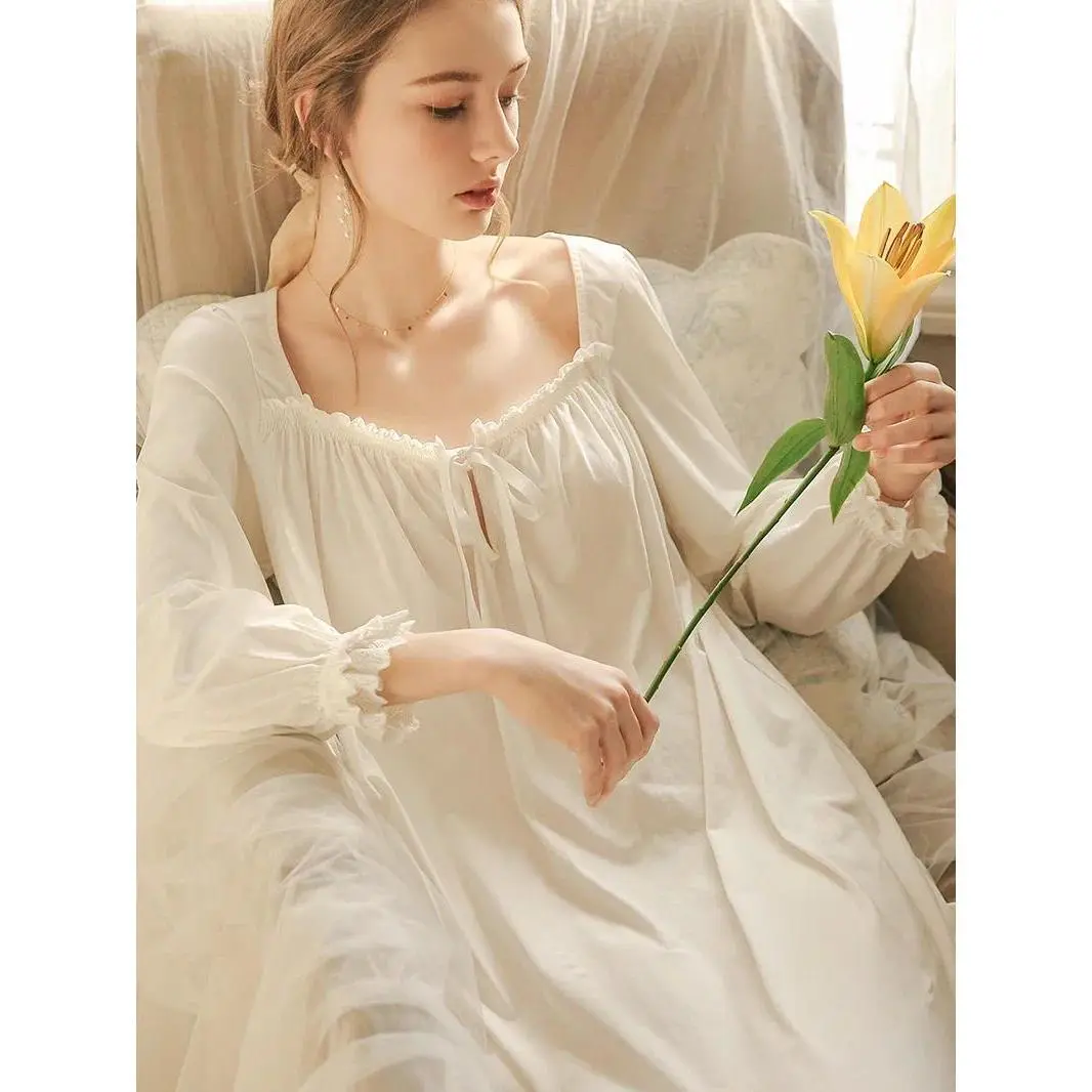 Women Cotton Spring Nightgowns Vintage Princess Nightdress Long Sleeve Loose Pajama Dress Ruffles Lace-up Victorian Sleepwear