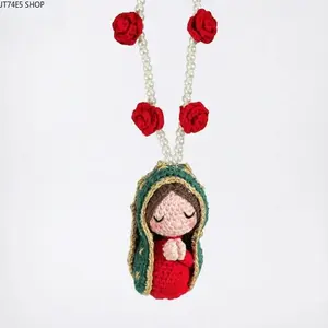 Handmade Crochet Virgin Mary Car Hanging Ornament, Cute Mini Mary Statue Spiritual Vehicle Interior Decor, Distinctive Sentimental Auto Charm for Road Trips, Daily Driving and Long Distance Travels