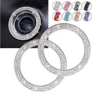 Car Bling Ring Crystal Car Stickers Rings Womens Car Decals,2Pcs Push Start Button Bling Ignition Ring Sticker,Bling Car Interior Accessory for Women,Silver