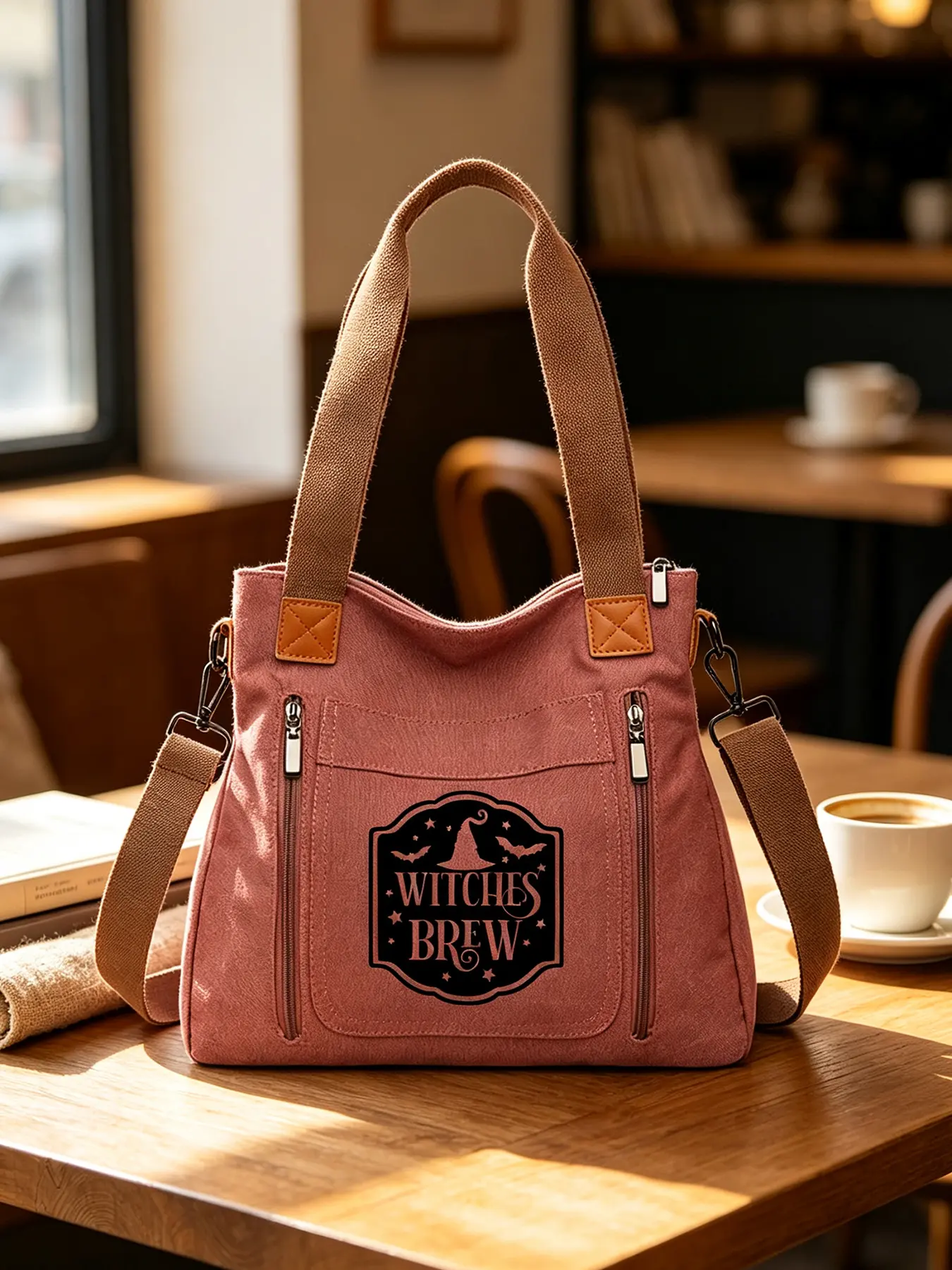 Witch Print Tote Bag, Large Capacity Shoulder Bag with Multiple Compartments, Adjustable Wear-resistant Strap Commuter Bag, Soft Cute Healing-style Unisex Bag, Perfect Gift & Halloween Present, Ideal for Commuting, School, Shoppin
