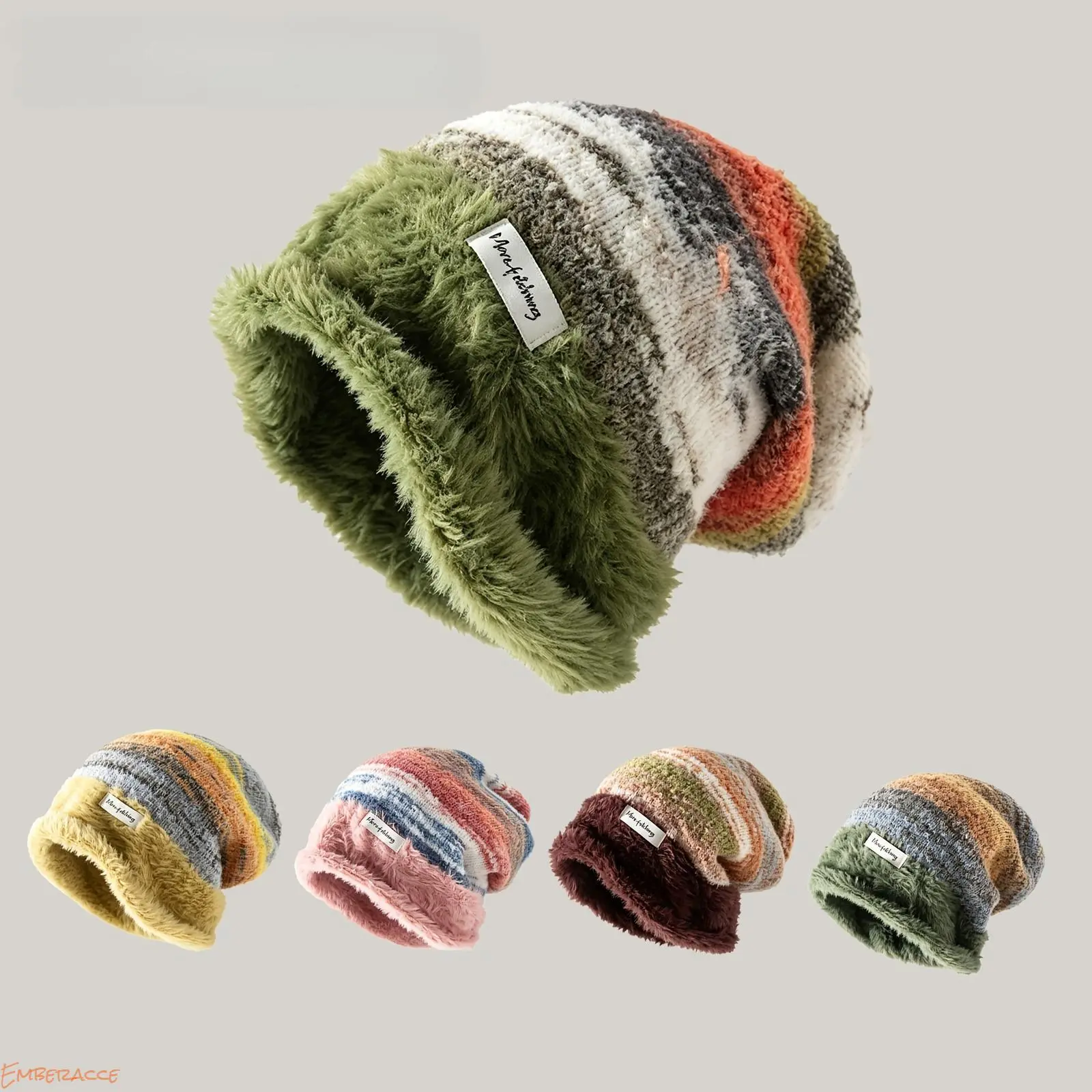 Retro Knit Beanie Hat for Women Men, Cozy Variegated Striped Slouchy Winter Hat with Thick Velvet Fleece Lined Design, Soft Stretch Warm Cold Weather Cap for Outdoor Travel, Daily Wear and Winter Activities