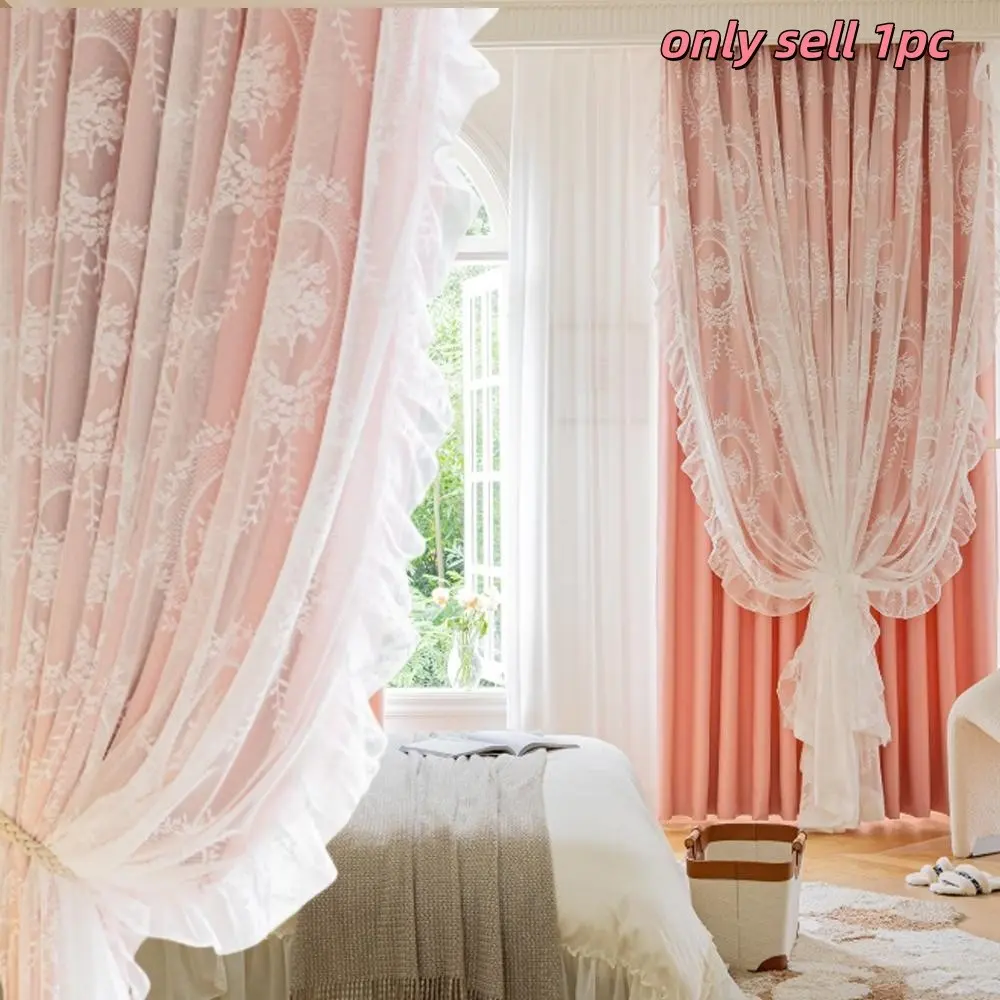 Korean Country Style Ruffle Wave Window Curtain, Fabric Mesh Combined, High Light Block, Soft Princess Style, Suitable for Kids Room, Living Room, Bedroom, Wedding Decor, Home Decoration Curtain