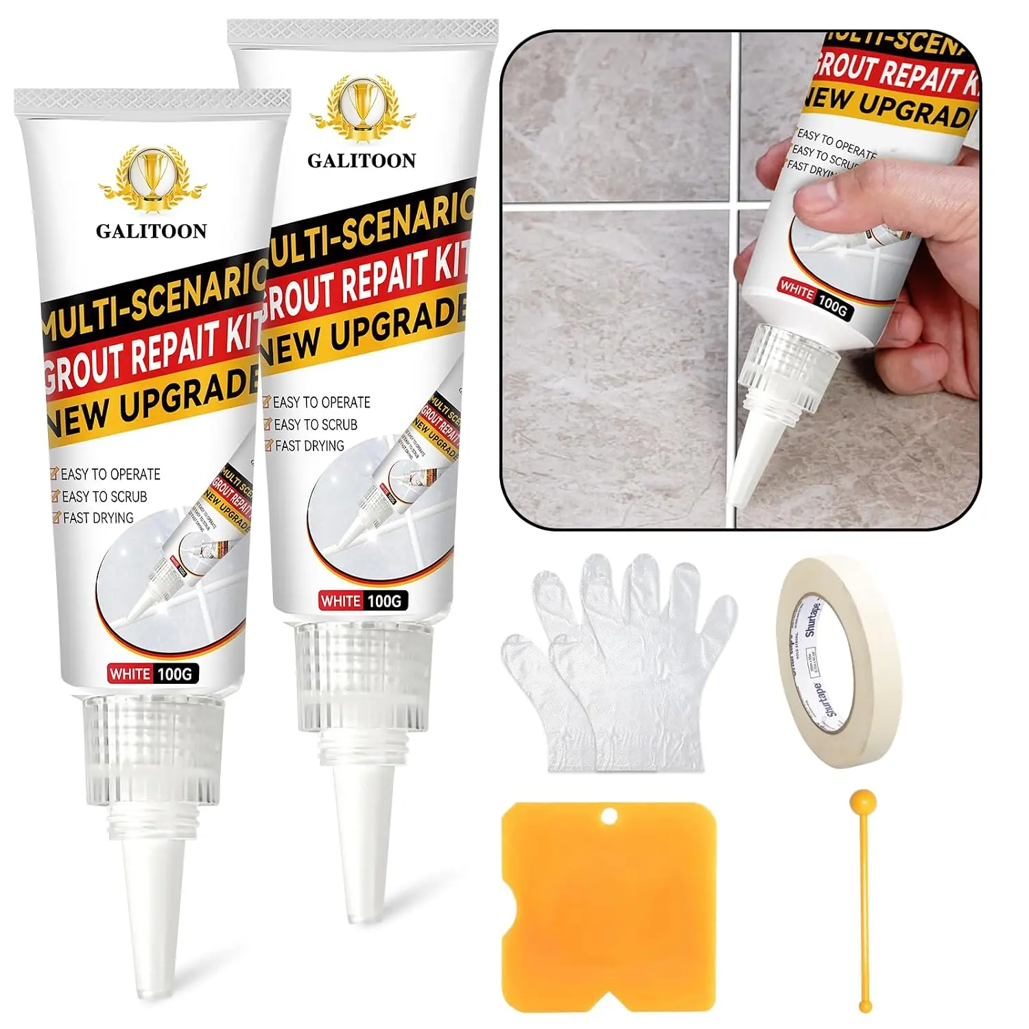 Tile Grout Repair Kit, 2 Pack Grout Filler, Fast Drying Tile Grout, Grout Sealer Shower Tile, Restore and Renew Tile Joints Line, Gaps, Replace Grout Pen White