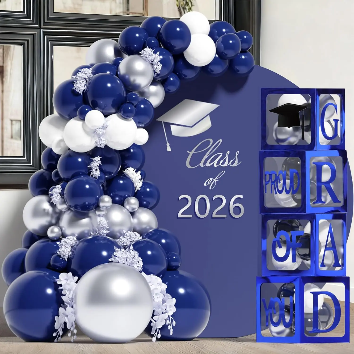 Graduation Decorations 2026, 134-Piece Navy Blue and Silver Party Supplies Kit with Metallic Balloon Garland Arch and 4 Transparent Plastic 'GRAD' Boxes for High School & College 2026 Graduates, Pack, Letters, 130Pcs, 5In*20, Durable, Gifts, Latex, 10In*1