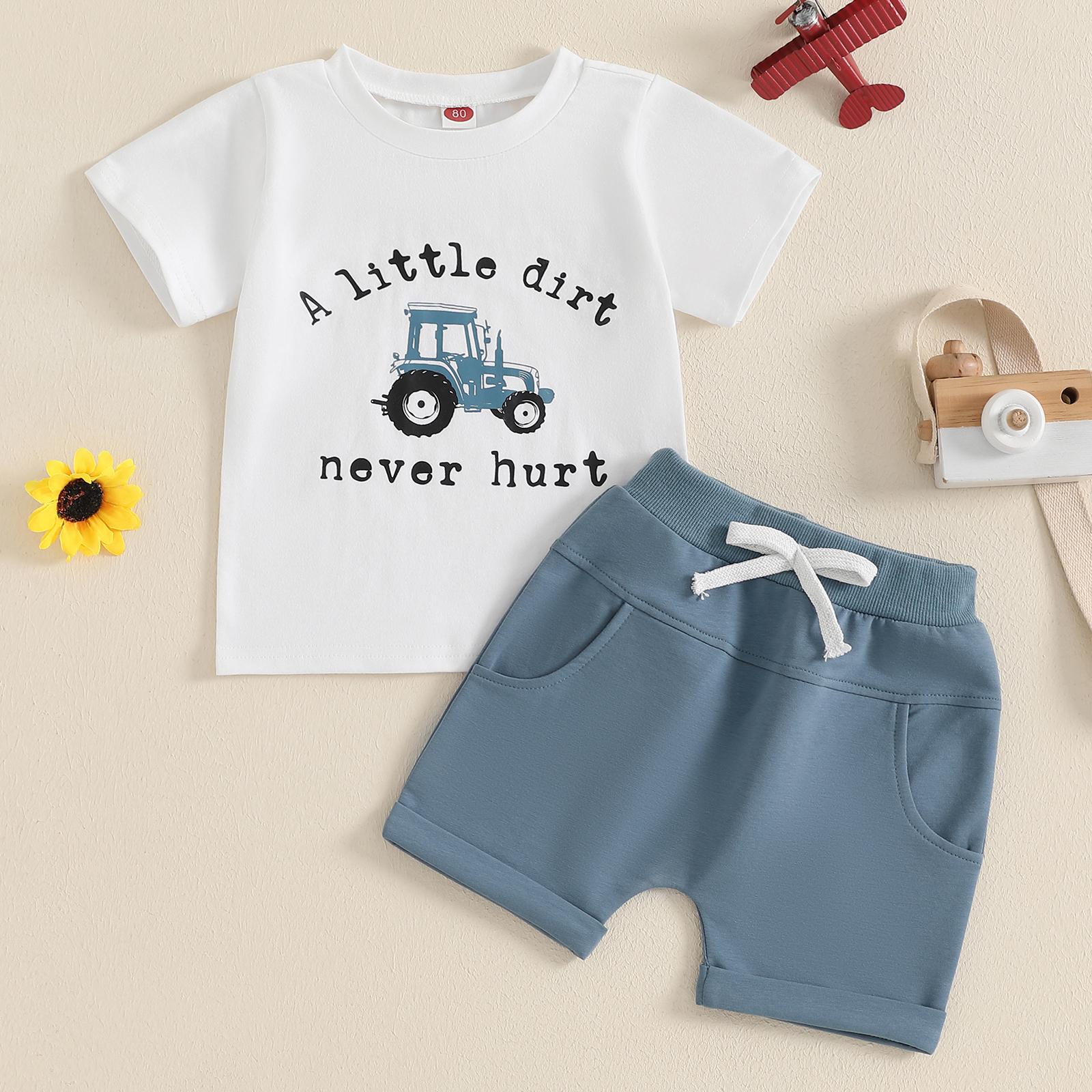 Toddler Baby Boy Summer Outfits A Little Dirt Letter Print Short Sleeve Shirt and Waist Shorts Pocket 2 Pcs Set Summer Clothes