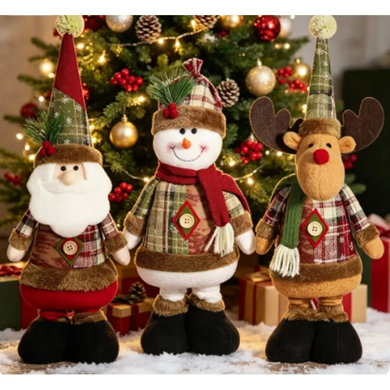 3Pcs Retractable Christmas Standing Plush Figurines, Santa Snowman Reindeer Telescopic Leg Stuffed Dolls, Farmhouse Plaid Xmas Tabletop Ornaments, Vintage Holiday Home Fireplace Dining Table Decor, Indoor Christmas Party Decorations Winter Home Atmosphere