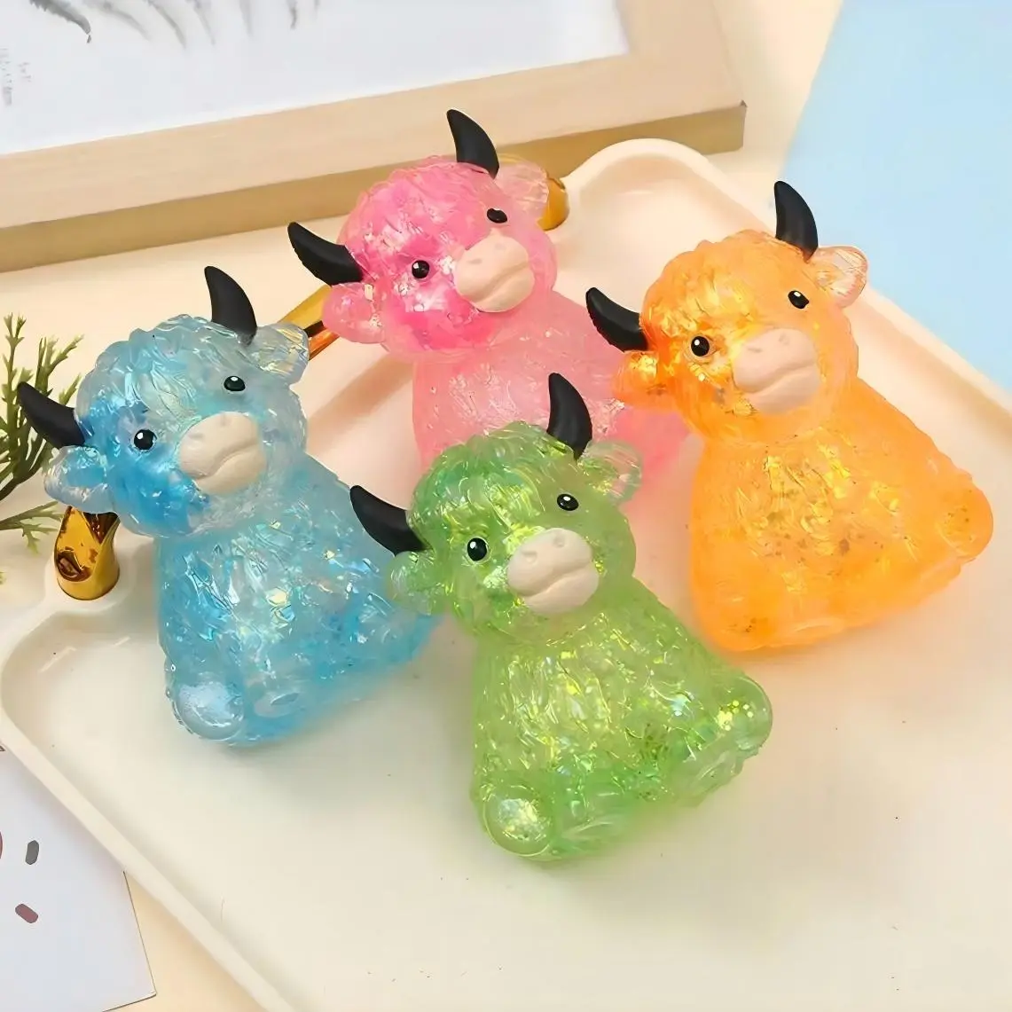 4Pcs Mini Highland Cow Squishies Slow Rising, Soft Sensory Stress Balls, Cute Animal Fidget Toys for Anxiety Relief, Summer Vacation Bag Fillers & Party Favors, Ideal for Adults & Animal Lovers
