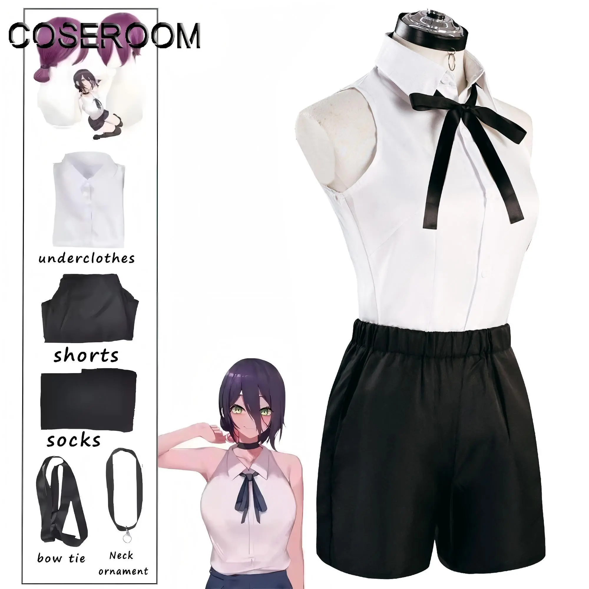 Women's Chainsaw Man Reze Cosplay Costume Kit - Cartoon Character Clothes, Shirt, Tie, Short Wig, Iron Neck Ring, Accessories (Toys & Hobbies Specialty DIY Supplies, Costume Only)