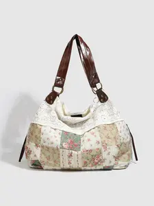 Vintage and fresh artistic style atmosphere, floral and color blocked tote bag, lace splicing design, elegant and niche design, large capacity shoulder bag, suitable for daily commuting and outdoor travel