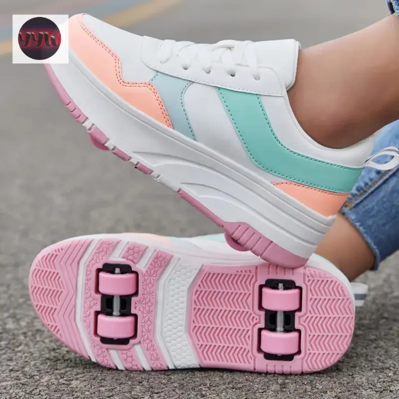 YYW1 Kids' 2-in-1 Roller Skate Shoes, Convertible Athletic Sneakers with 4 Detachable Wheels, Breathable Artificial Leather & Mesh School