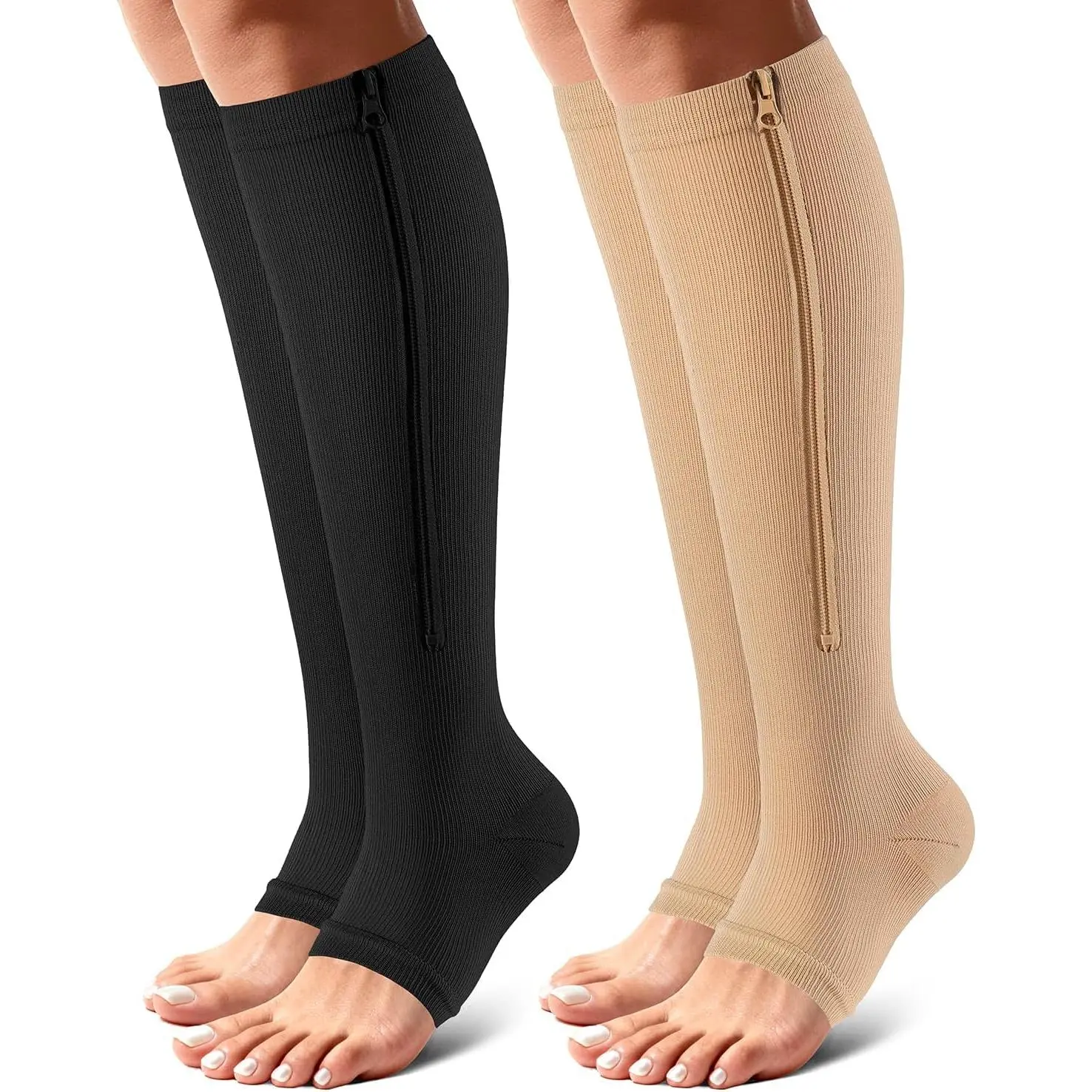 Zipper Compression Socks Open Toe 15-20mmHg Women&Men 2 Pairs Knee High Support Socks Running Cycling