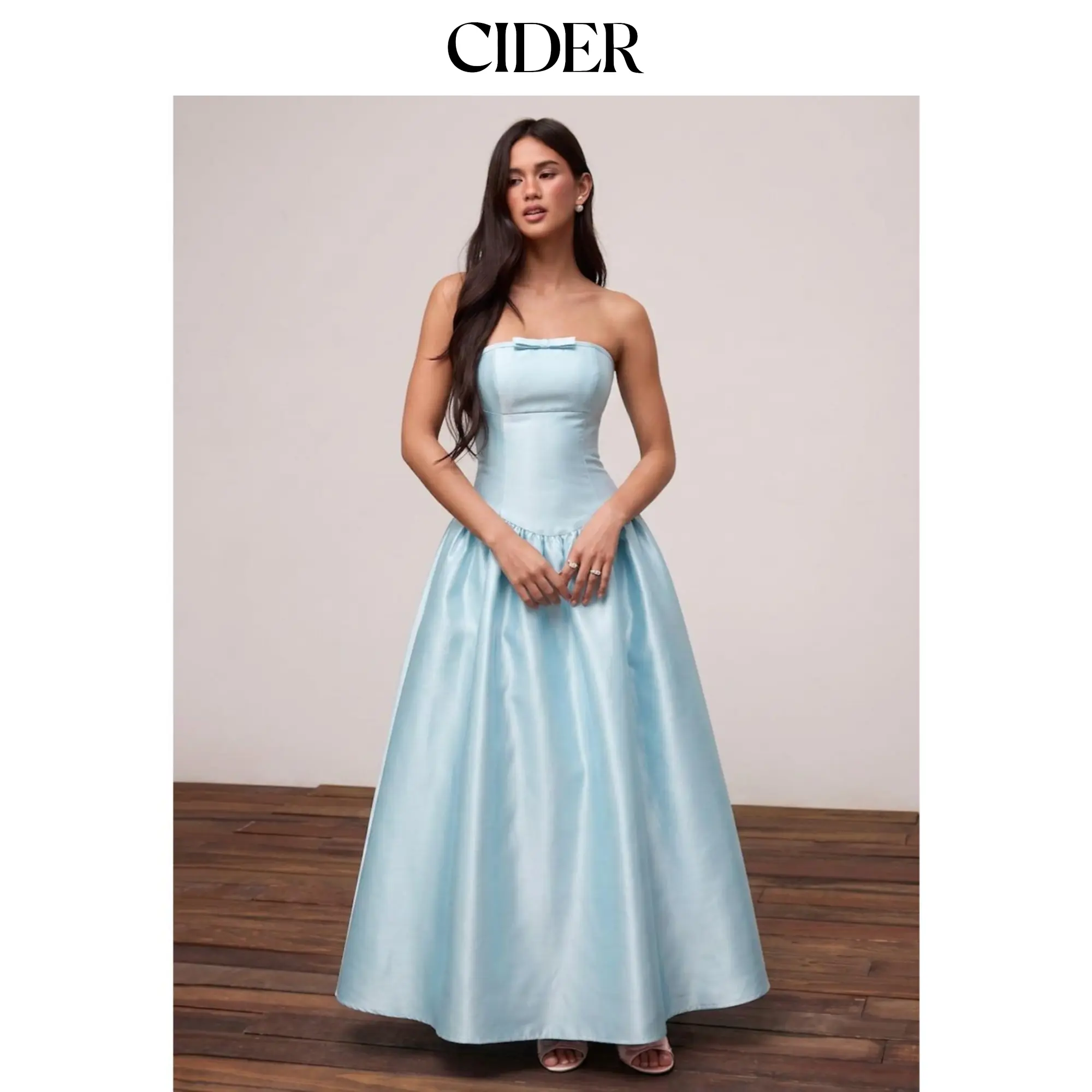 Cider Satin High Rise Strapless Bowknot Flared Maxi Dress SohoChic