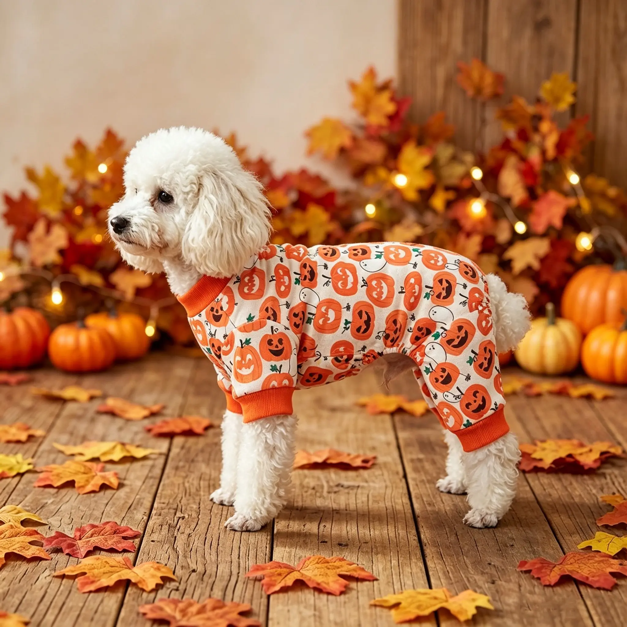 1 Piece of Pet Dog Halloween Pumpkin-ghost Four-legged Clothes (off-white-orange Color + Full Print of Smiley Pumpkins/ghosts), Suitable for Small/medium-sized Dogs and Cats for Holiday Outings, Trick-or-treat Dressing & Cute Funny-style Apparel