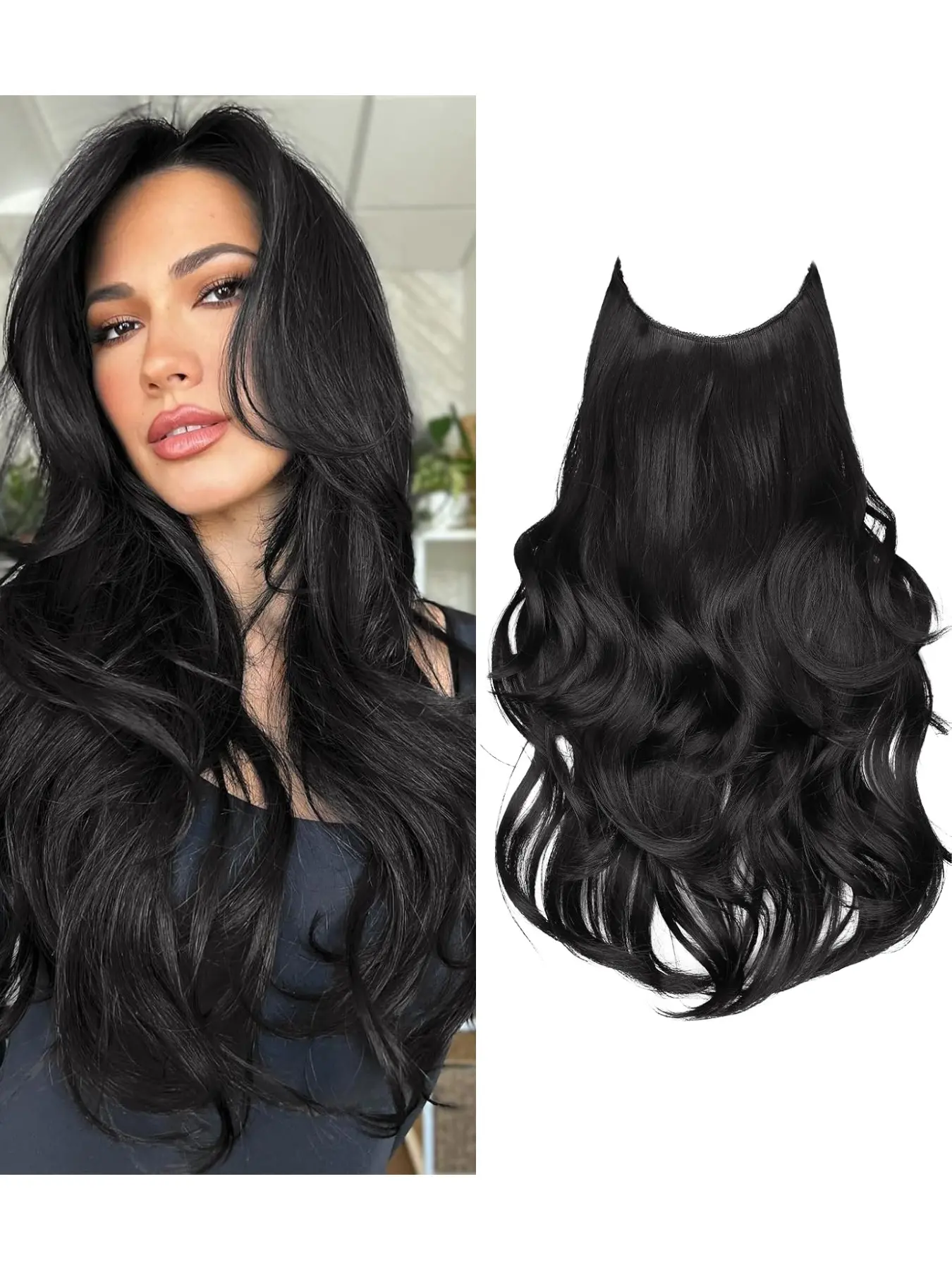 20 Inch Invisible Fishline Wig Piece, 6 Clips, Long Wavy Synthetic Fiber, Heat Resistant, Adjustable Transparent Band, Suitable for Women