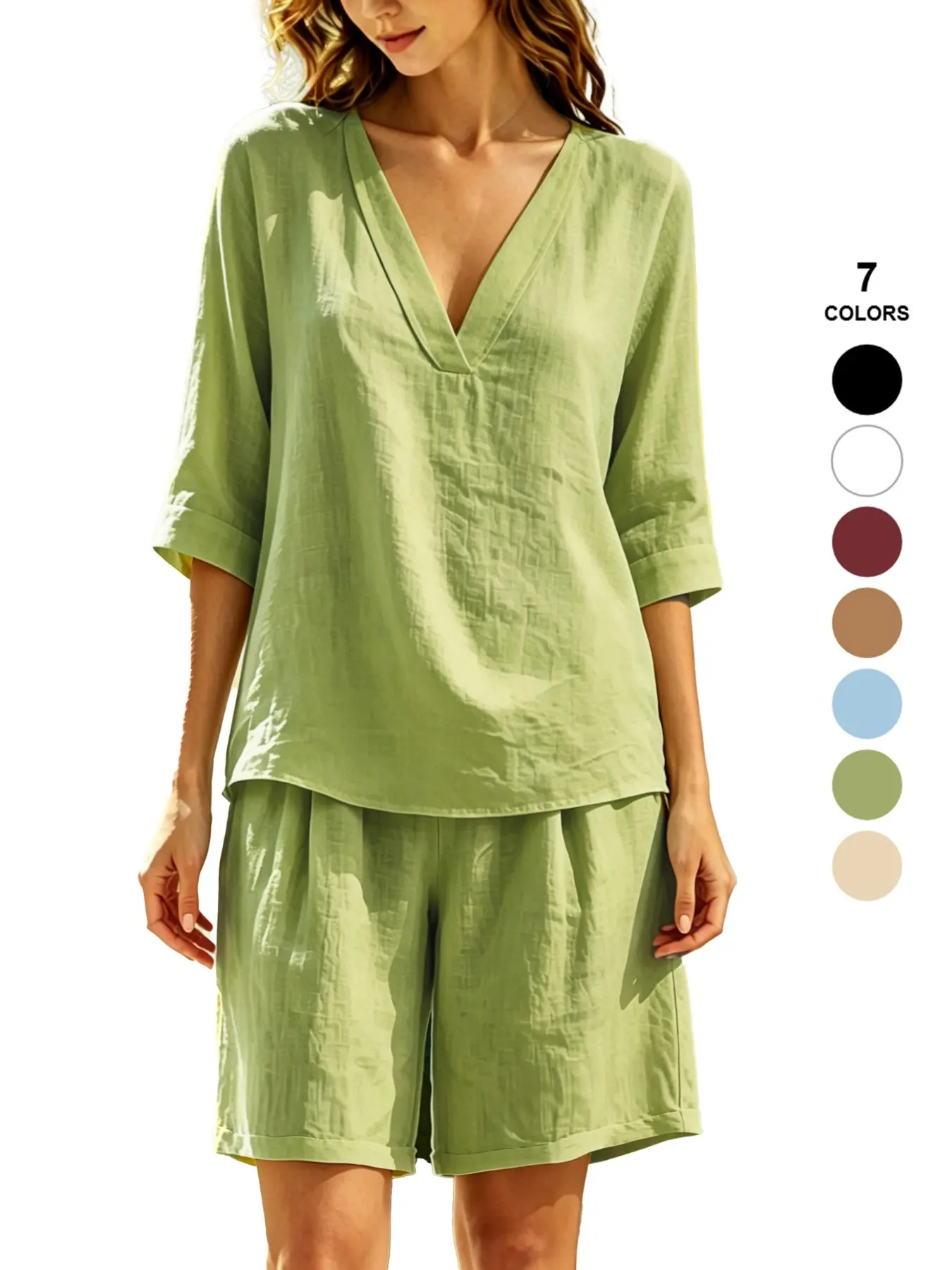 Spring Summer Women's Two-Piece Set, Sexy V-Neck Baggy Short Sleeve T-Shirt Top, Wide Leg Shorts, Beach and Vacation Casual Fashion Loungewear Clothes