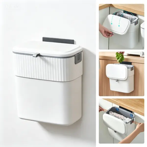 Under Sink Trash Can with Lid 2.5 Gallon, Wall-Mounted Kitchen Compost Bin for Cupboard Countertop, Small Plastic Garbage Can, Space-Saving Garbage Container, Easy to Hang Camping Trash Bin