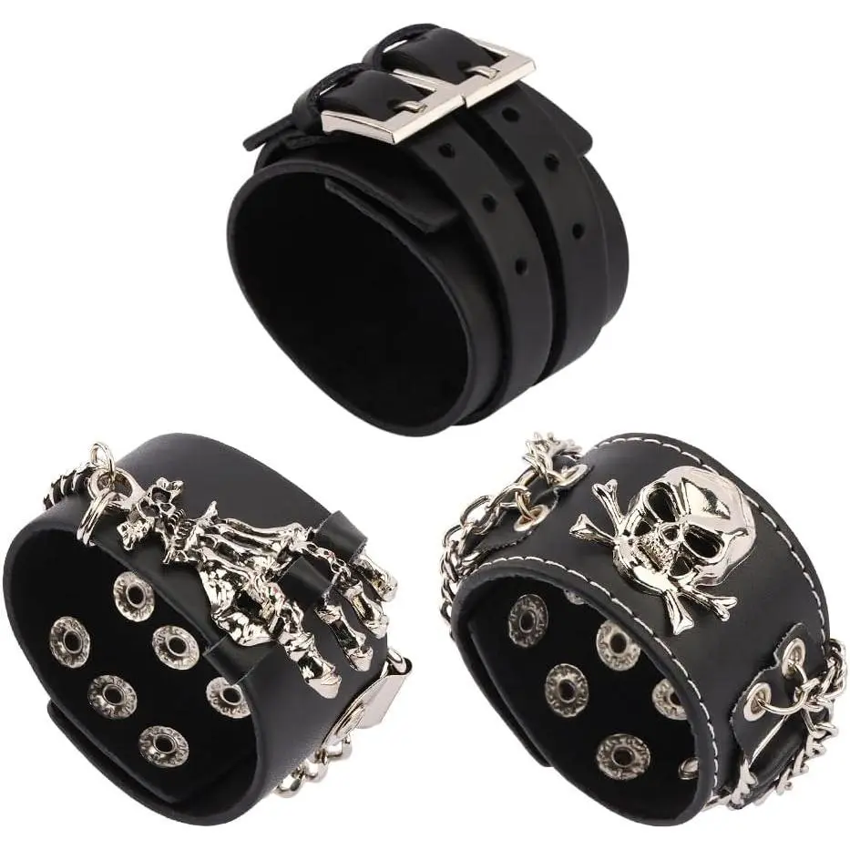 Punk Bracelets Leather Bracelet Gothic Studded Biker Metal Skull Bracelets Cuff Bracelet Set for Men Women,Black 3 count