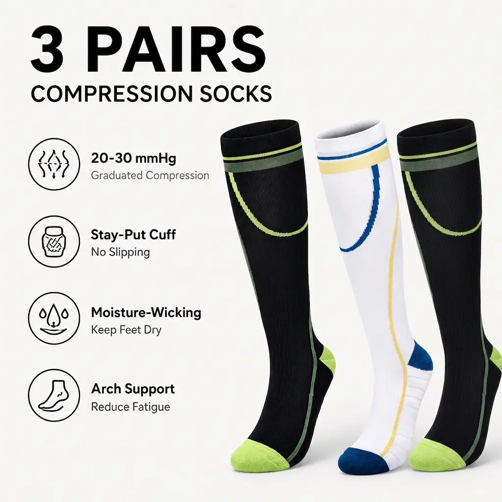 3 Pairs Graduated Compression Socks for Men & Women (20-30 mmHg) - Athletic Knee High Socks for Running, Hiking, and Recovery