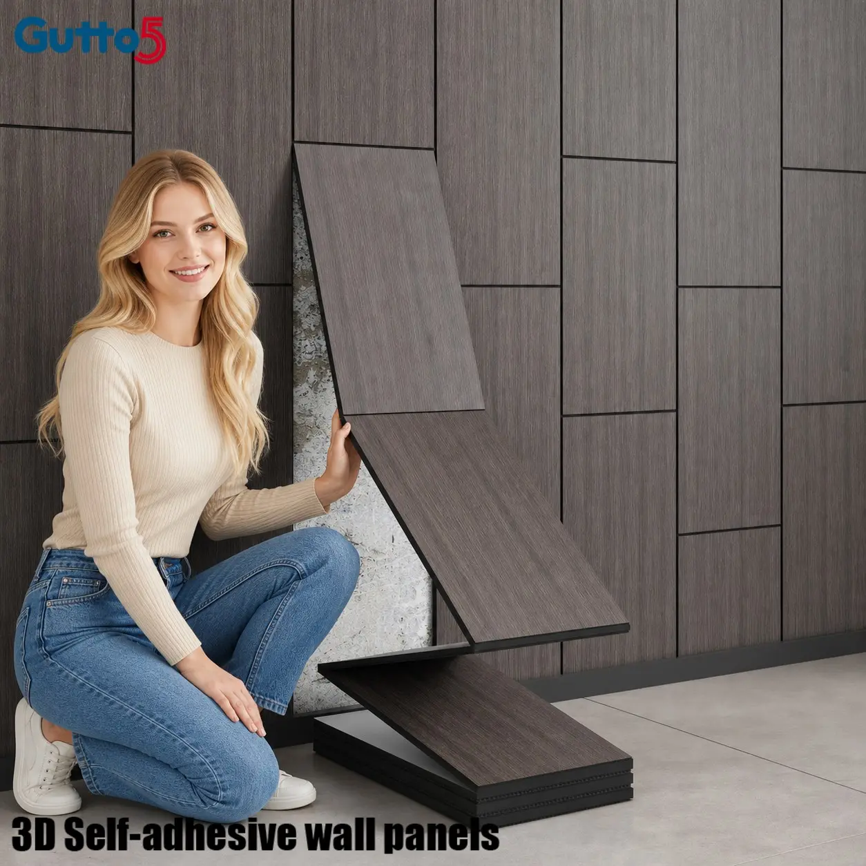 Faux Wood Peel and Stick Wall Panel, 3D Grooved Staggered Connected, Self Adhesive Wall Sticker for TV & Bedroom Accent Wall