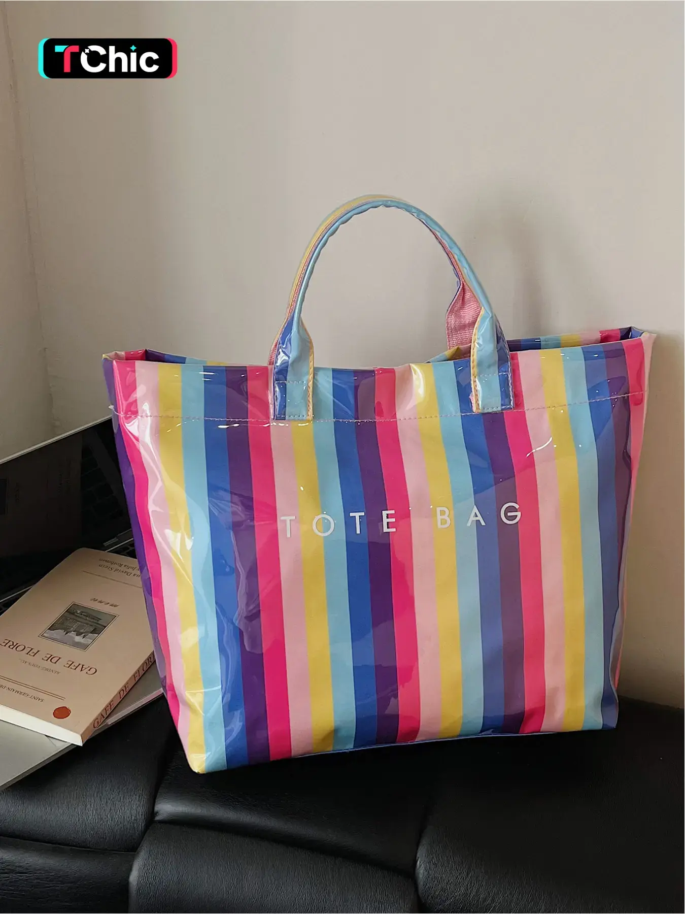 Large capacity, high aesthetic value, lightweight, high-end striped tote bag, PVC material, hand-held armpit bag, outdoor travel, shopping, commuting bag, daily commute bag, handbag, Trendy Casual Commuter Bag