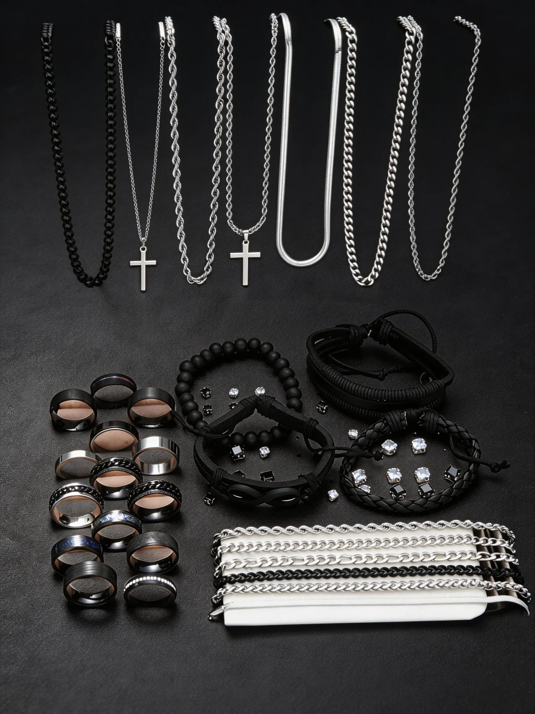 Men's Fashion Jewelry Set, Casual Trendy Cross Charm Necklace, Braided Bracelet, Earrings, Rings, and Chain Bracelet, Hip-Hop Style for Party and Daily Wear